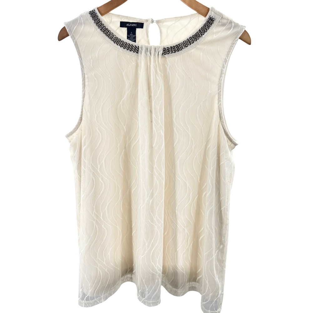 Alfani Womens Large Ivory Blouse Embellished Neck Mesh Lined Sleeveless Top